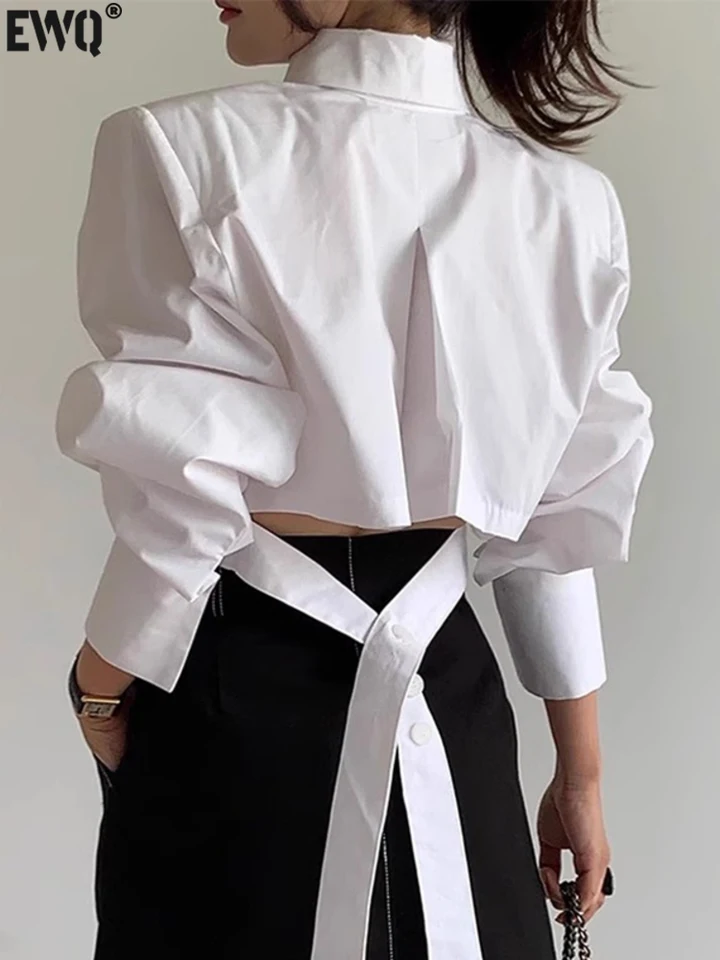[EWQ] DULOW OUT Bandage Buckle Tirlar Dámske s dlhým rukávom Single Breasted Blusas 2025 Jeseň Spring New Fashion White Top 16U3824