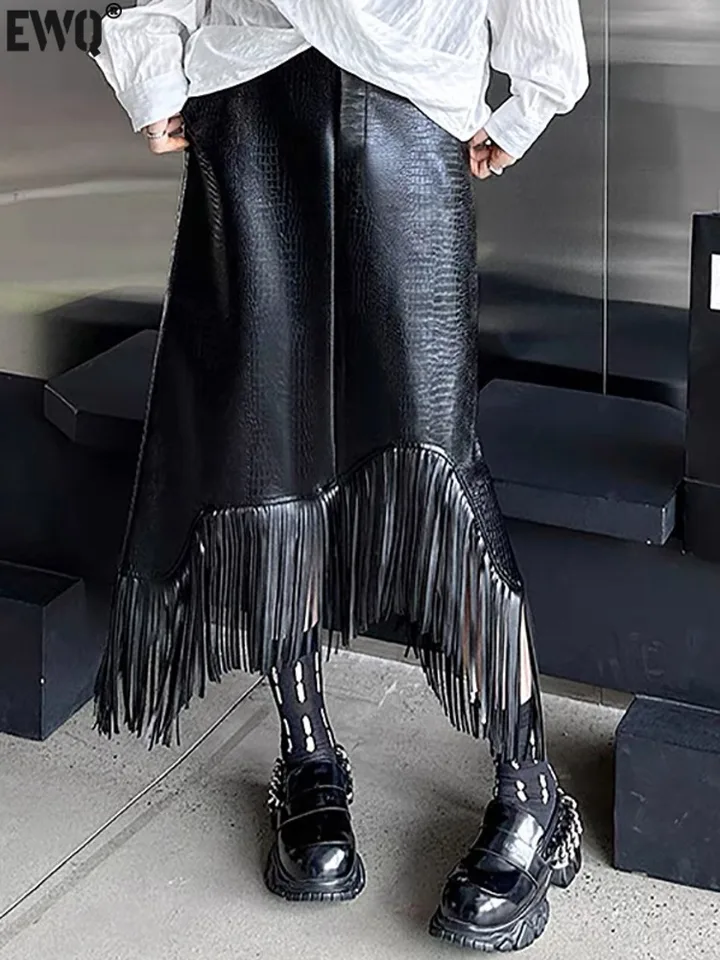 [EWQ] Elastická pásová sukňa Čierne trendy Dámske oblečenie Elegantné kožené sukne s vysokým pásom A-line Y2K 2025 Summer New GZ23