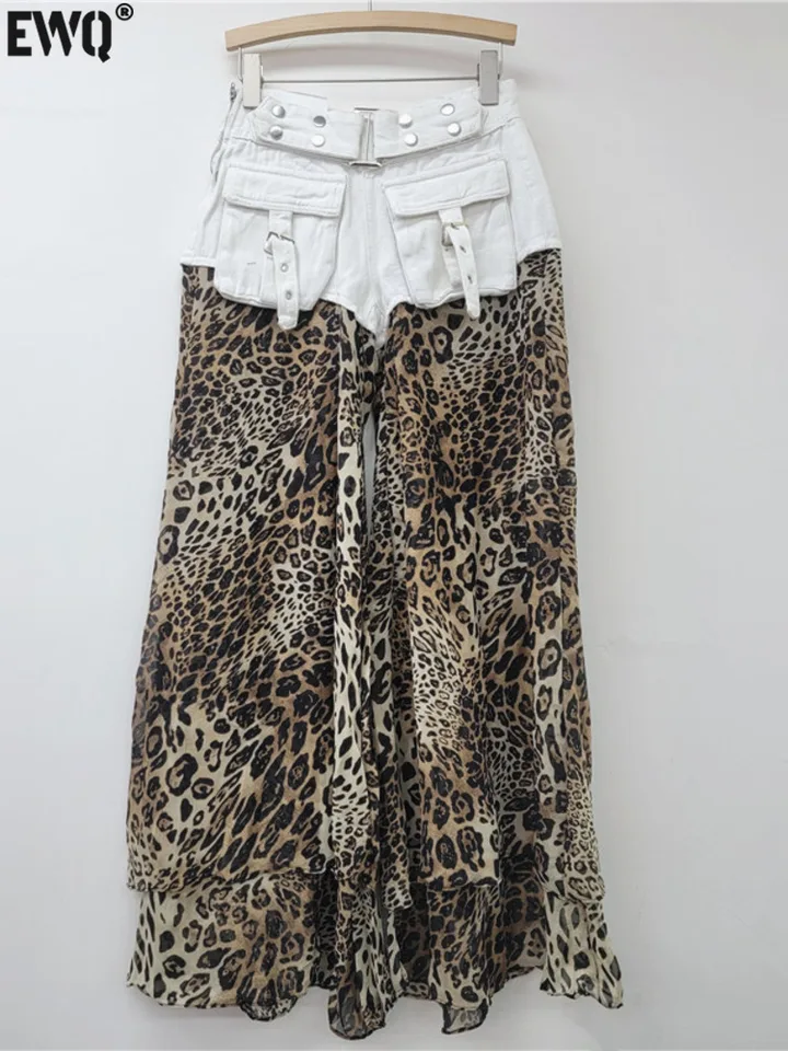 [EWQ] Leopard Tlač šifónových patchwork džínsy móda High Street Nepravidelné príležitostné nohavice s priamymi nohami 2025 jar 16o4095