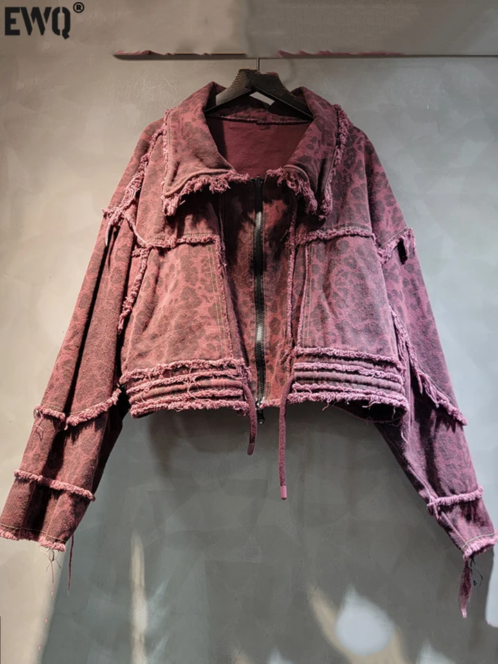 [EWQ] Vintage do starého leoparda denima džínsového bundy Tweed Edge Krátke džínsy Dámske oblečenie Round Jacket Clothing 2025 Autumn New Tide 16o1311