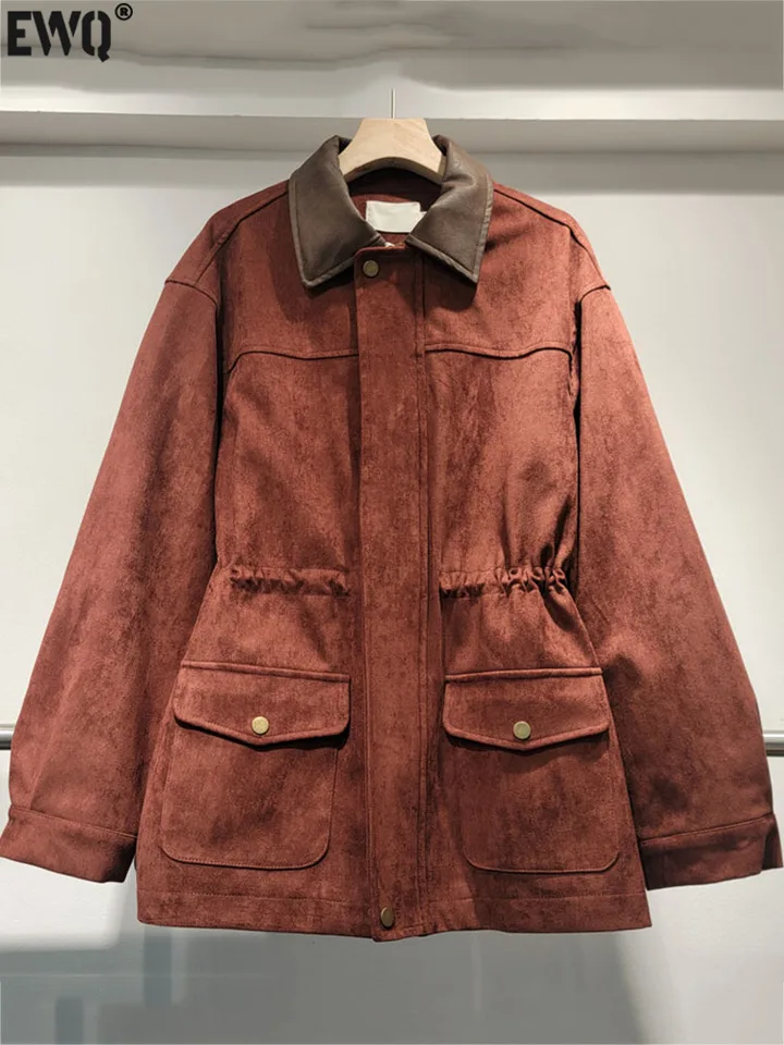 [EWQ] Vintage štýl s dlhým rukávom klopný zips zips Windbreaker Loose All-Match Women Winter Brown Trench Coat 2024 Jeseň Nový nový 16o2775