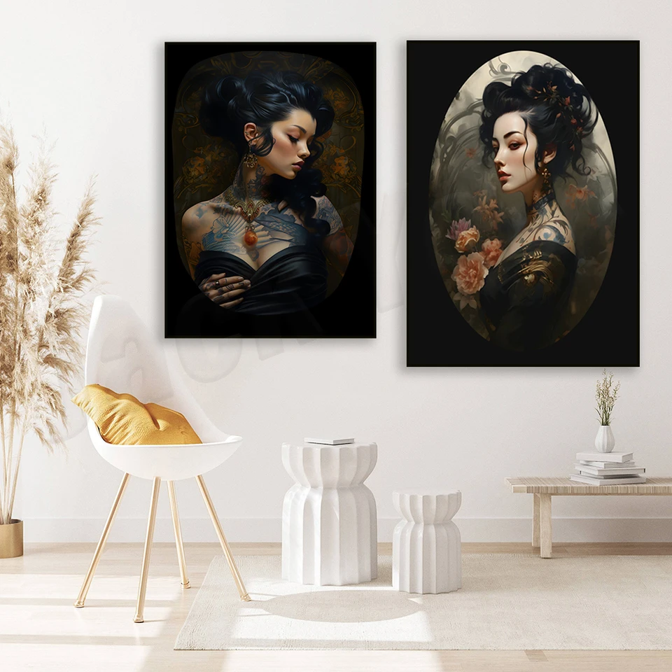 Exotická elegancia, tetovaná dáma, ikona tetovania, tetovacia umelkyňa Geschenk, tetovacia tlač, japonské tetovanie, Oriental Art Poster