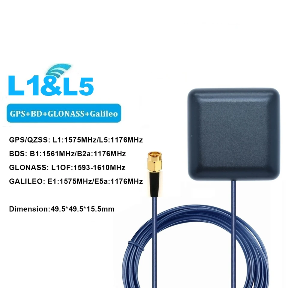 Externý GPS L1 a L5 Dvojfrekvenčný vysoko presný univerzálny navigačný polohu automobilov GNSS Anténa RG174 3M kábel SMA Muž 28DBI