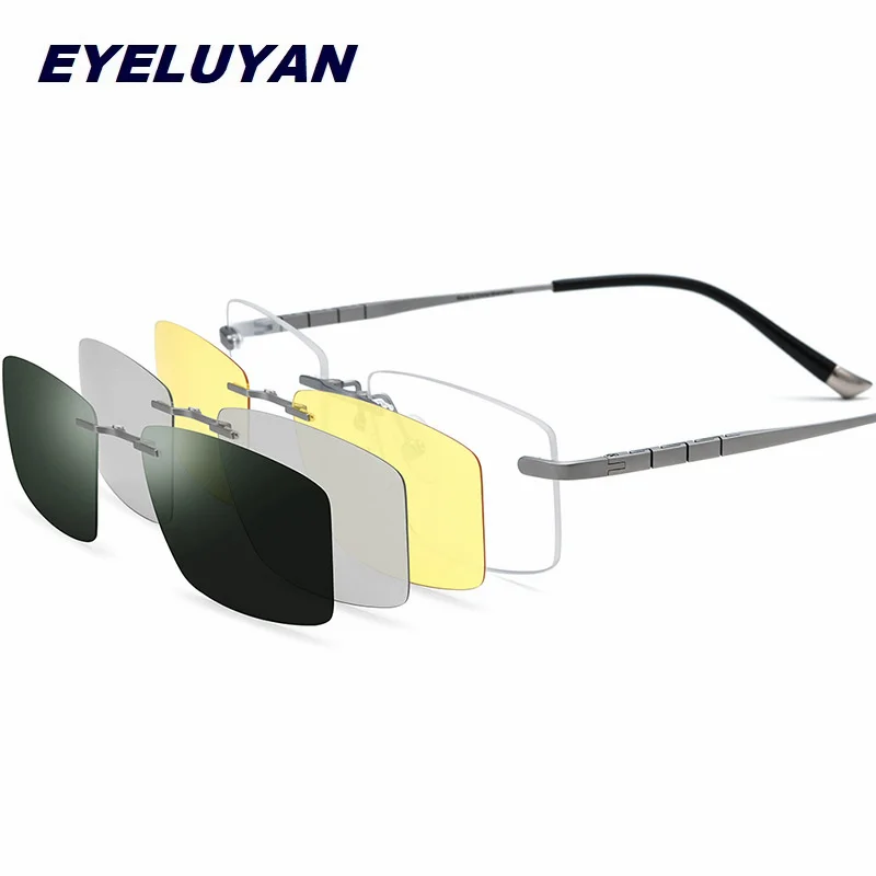 Eyelluyan Pure Pure Titanium Rimless okuliare rám mužov štvorcový magnet klipový okuliarsky rámy s 3D nočným videním pohon polarizovaných Len