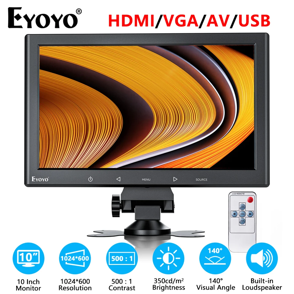 Eyoyo 10/7 palca HDMI Monitor s citlivými dotykovými tlačidlami a reproduktormi a diaľkovým ovládačom HD 1024X600 IPS Screen DC 12V/USB Power
