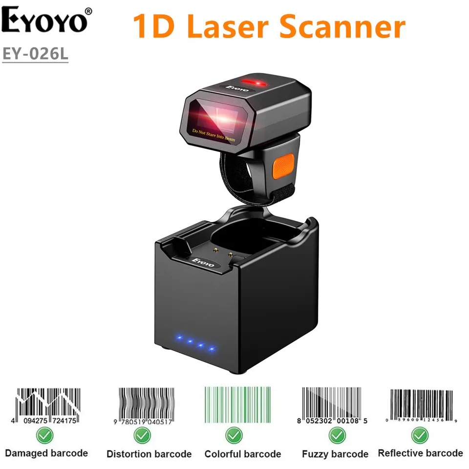 Eyoyo EY-026 MINI prenosný 1D nositeľný prsteňový čiarové laserové čítačky USB WIRED 2.4G Wireless Bluetooth Finger Scanner iPad iPhone