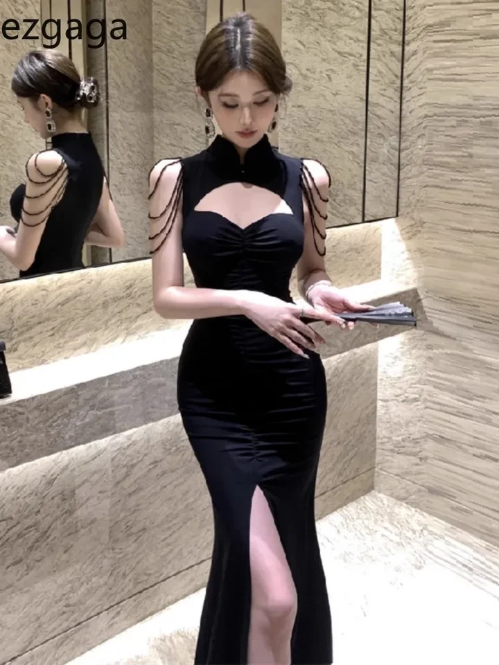 Ezgaga sa šaty žien temperamentu bez rukávov rozdelili strapcový golier split Slim Hollow Out Party šaty sexy dámy elegantné