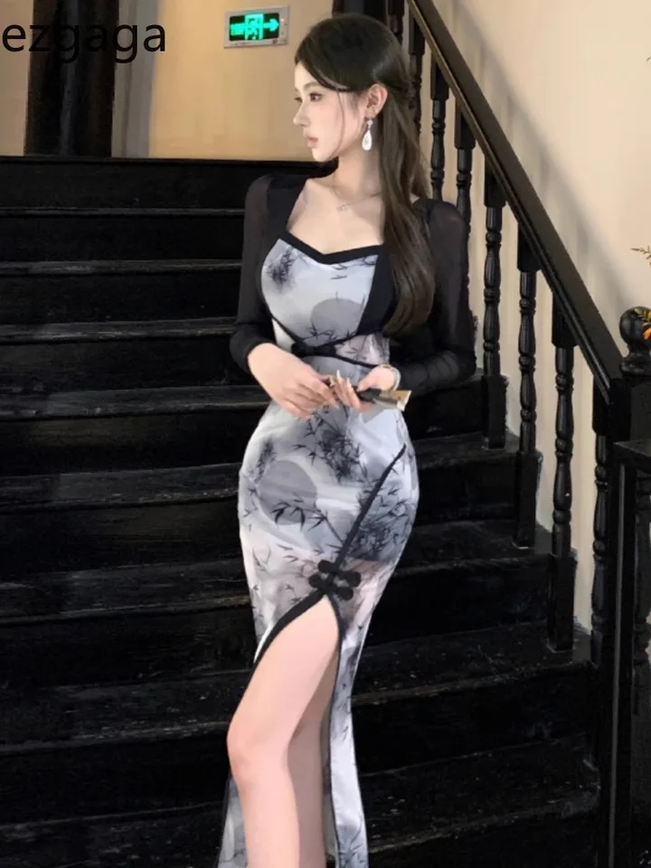 Ezgaga Ženy sa šaty obliekajú elegantné sieťové patchworky kvetinový štvorcový golier s dlhým rukávom Split Slim Vintage Party šaty sexy dámy