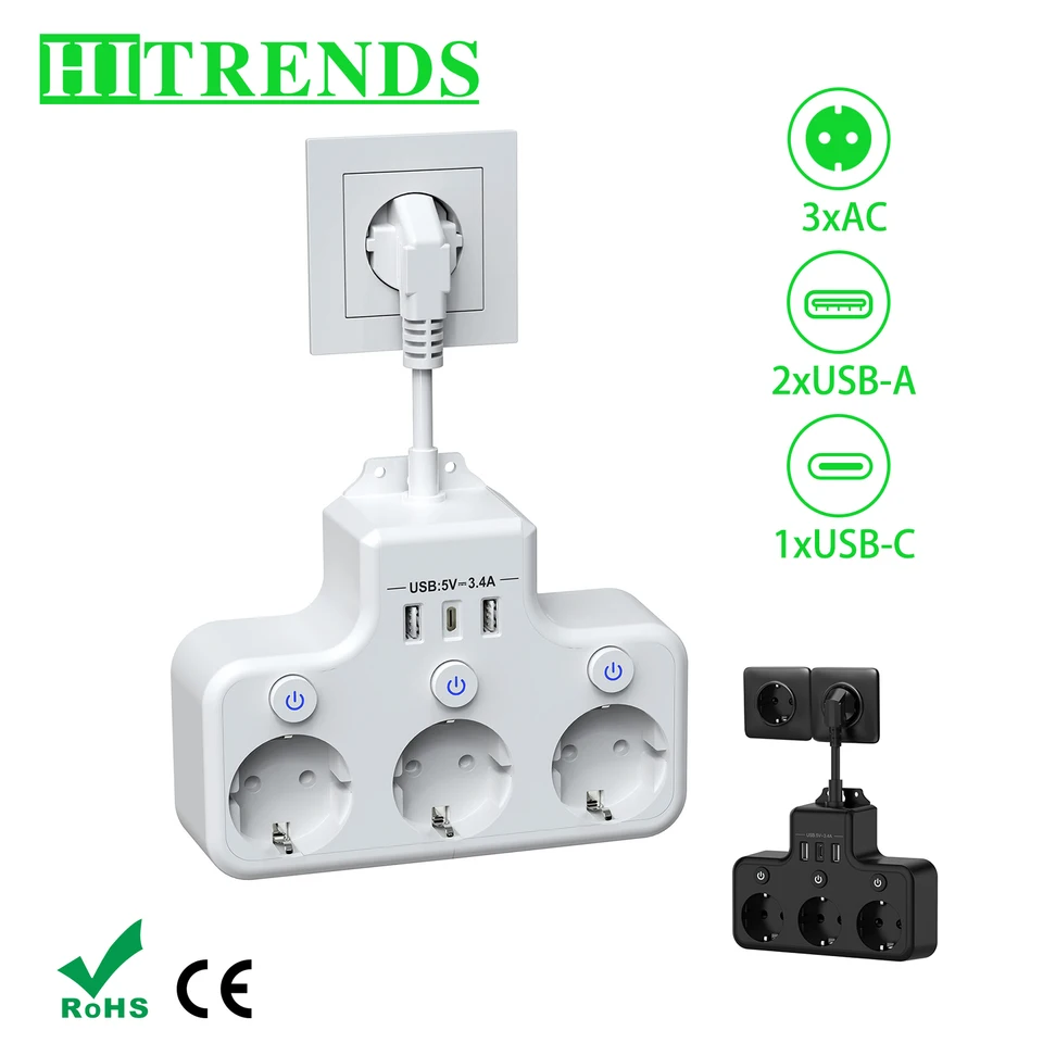 EÚ zástrčka Power Strip 3 striedavé výstupy Multifunkcia soketu Individuálny prepínač Viacnásobné steny s 2 portmi USB 1 Type-C pre domov