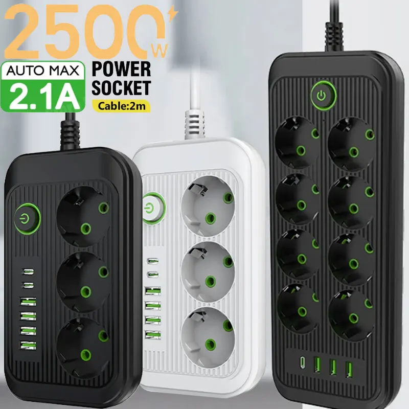 EÚ zásuvky striedavého prúdu Power Strip viacero zásuviek s USB Typ C Rýchle nabíjanie sieťového filtra Adaptér 2M predlžovací kábel