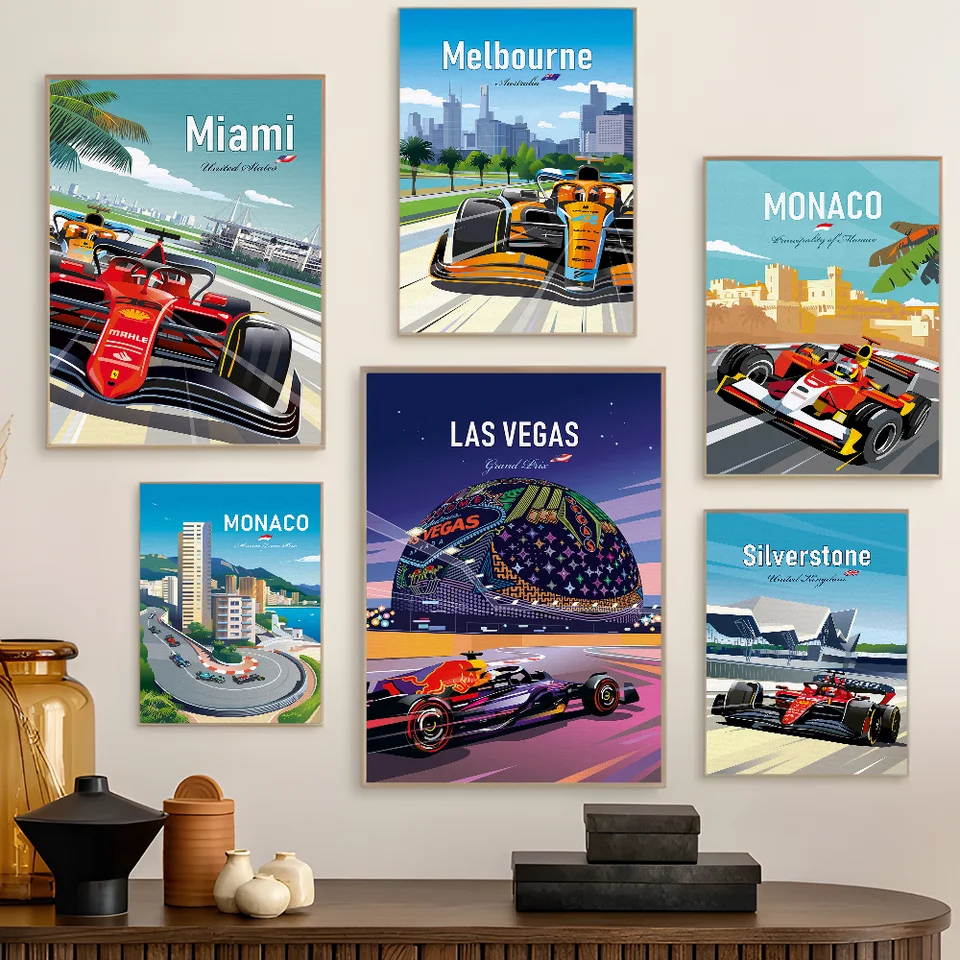 F1 Neon City Watercolor Racing Classic Vintage Plagáty Vintage Room Home Bar Cafe Decor Nordic Home Decor