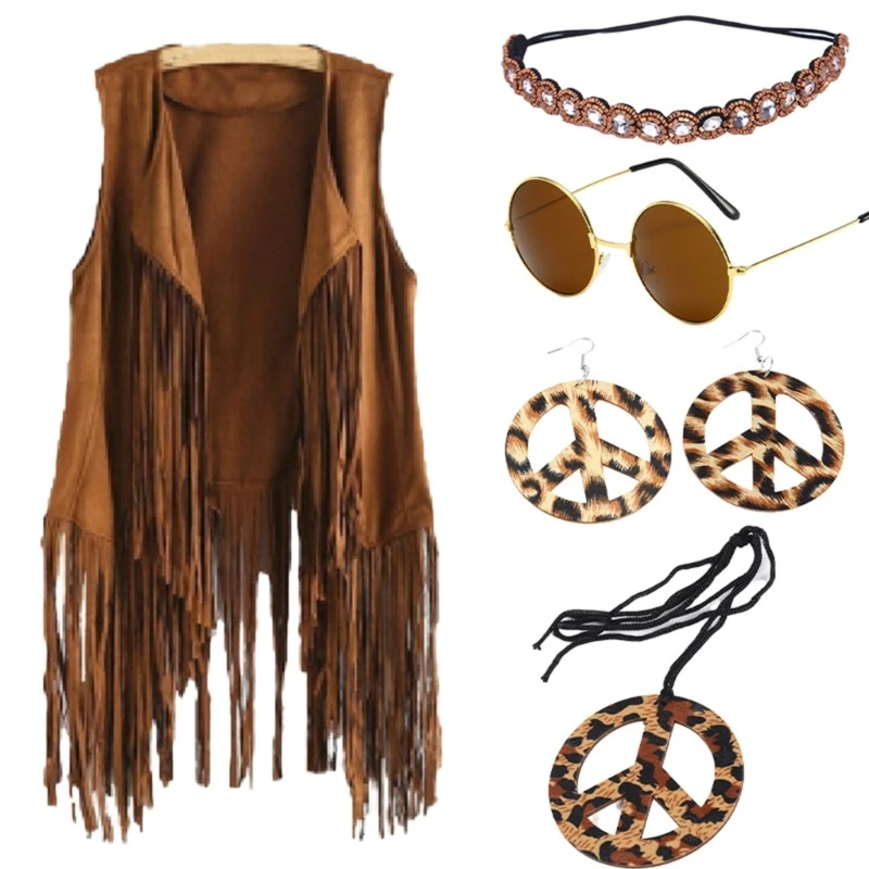F42F Ženy 60. storočia Hippie-outfits Set Hippie-Boho-Flared Pant Fringe-Vest