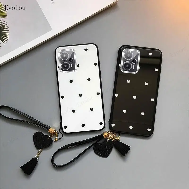 F5 Pro Small Love Heart Templed Glass Back puzdro pre Poco F5 F5Pro Tassel Lanyard Hard Cover pre Redmi Note 12 Pro Plus Turbo