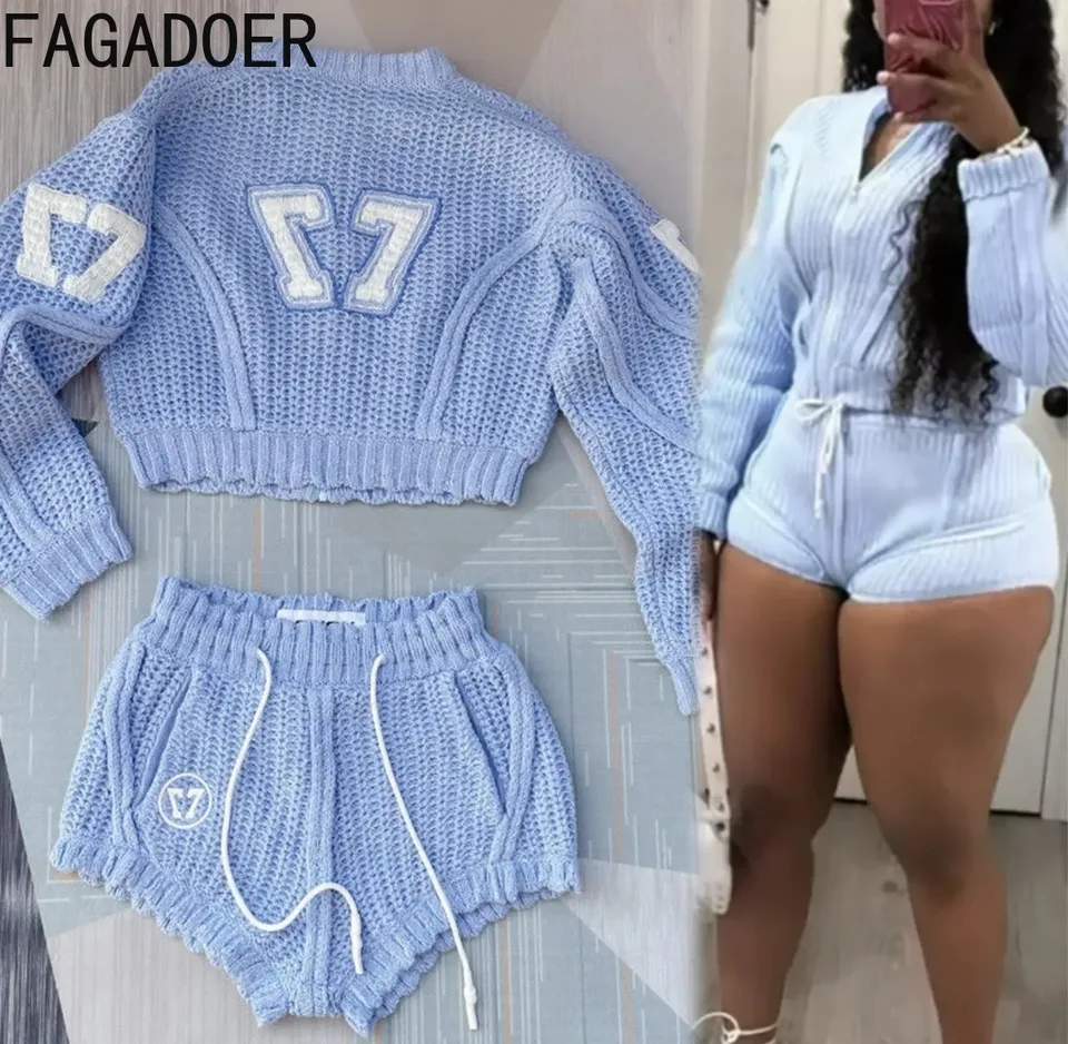 Fagadoer Blue pletenie dvojdielne pre ženy módne patchwork Top a šortky v páse Streetwear Autumn Streetwear