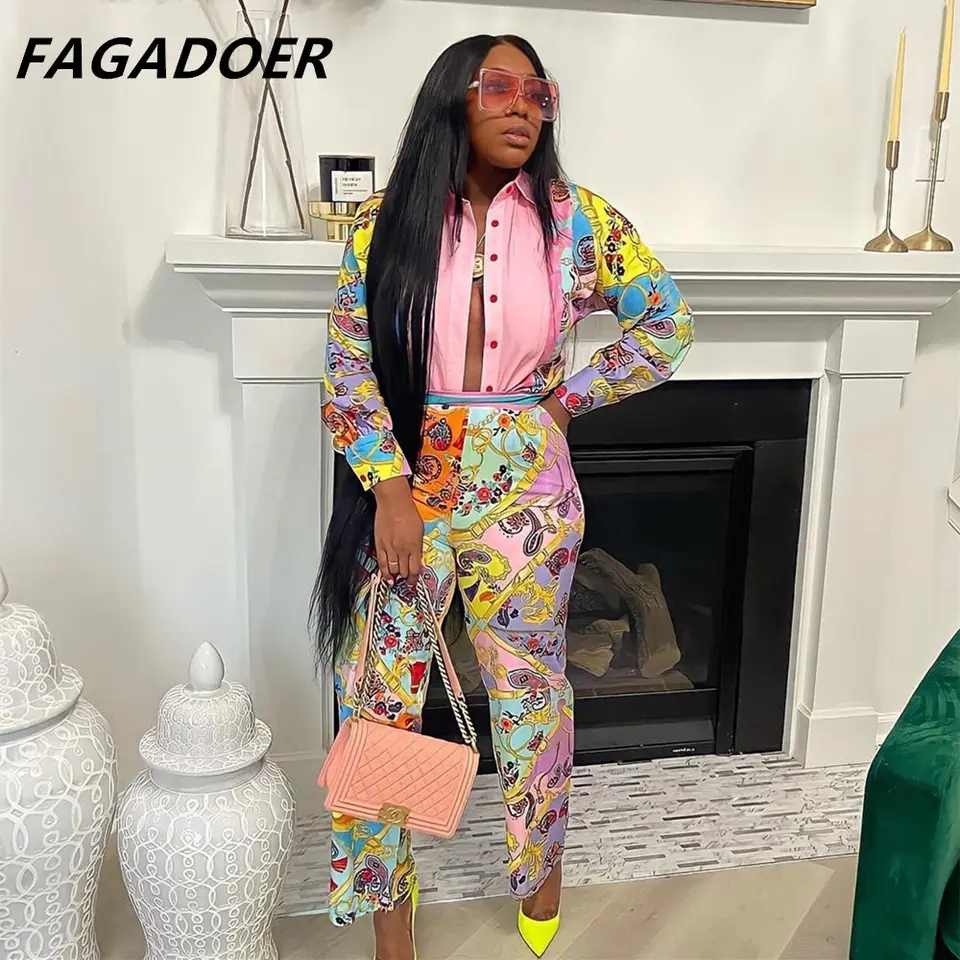 Fagadoer Fall Winter Tracksuits African Retro tlač s dlhým rukávom a dlhé nohavice Dvojdielne súpravy Ženy zodpovedajúce oblečenie