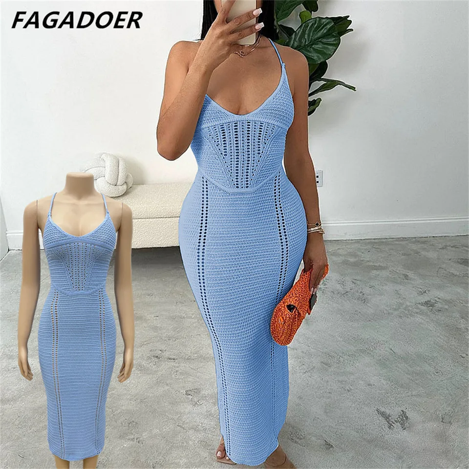 Fagadoer Fashion Vysoko kvalitné pletené plážové dovolenkové šaty Ženy Deep V Halter Backless Lace Up Bodycon Vestidos ženské oblečenie