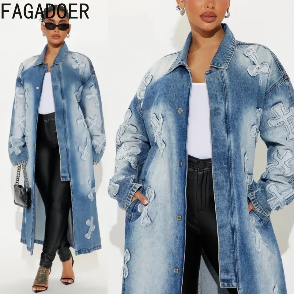 Fagadoer Kvalitná módna výšivka denim dlhá bunda Ženy Y2K Streetwear s dlhým rukávom obväzy Patchwork Coats Clothing Winter
