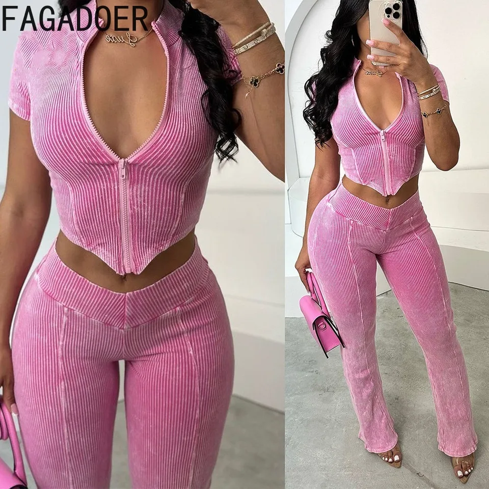 Fagadoer Kvalitný rebrí Bodycon 2 kusové súpravy Outfit Ženy s krátkym rukávom zips Plodiny vrchná plodina a plachtové nohavice vyhovujú športovým ulíc