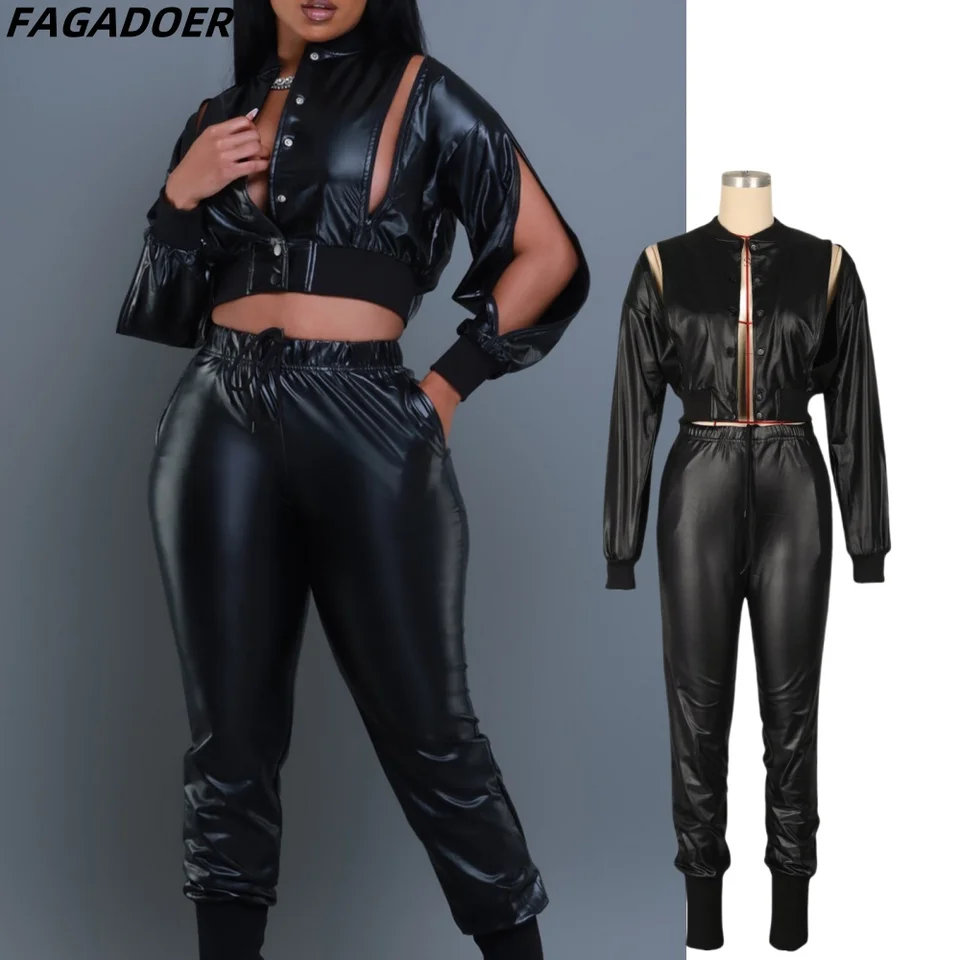 Fagadoer Leather Black 2 -Piece Set Outfit Sexy Dutiny dlhých rukávov tlačidlá Crop Bunda + Vysoký pásový šnúrku na jeseň