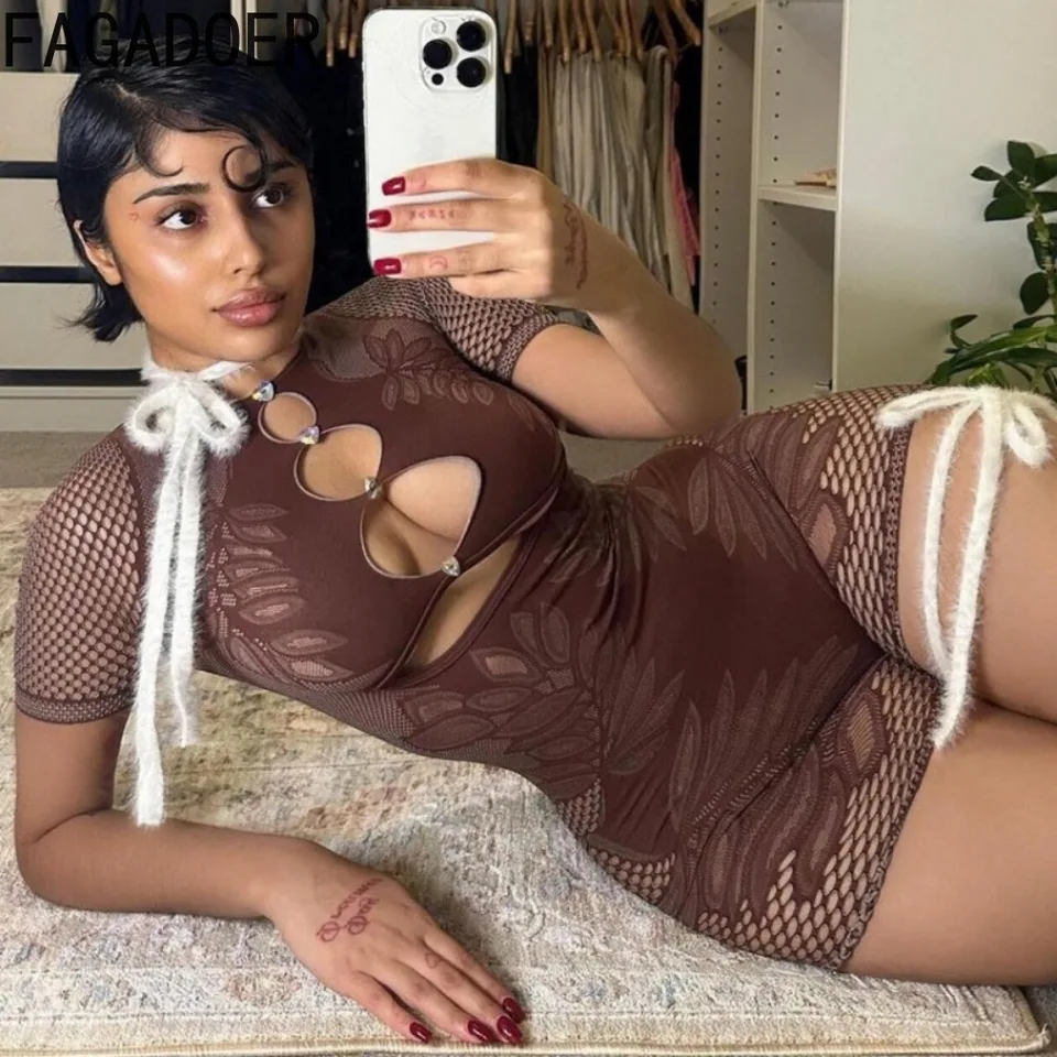 Fagadoer leto zahusťovanie čipky Lace Dutlow Out Bodycon Rompers Ženy okrúhle krk krátke rukávy Slim sktočenia