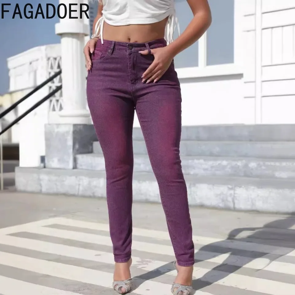 Fagadoer módna fialová kravata Dye tlač Denim Pencil Pants Dámske ženy s vysokým pásom gombíky Skinny Jean nohavice Ženské kovbojské dno