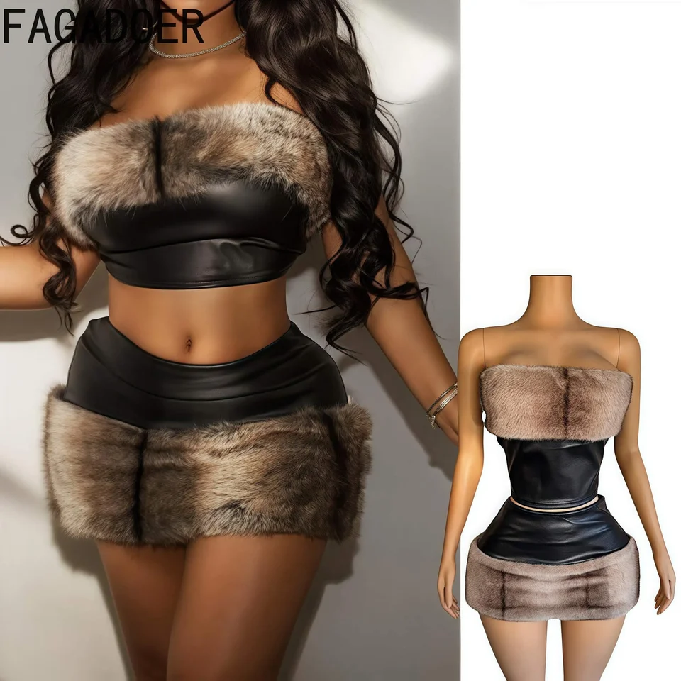 Fagadoer Sexy kožušinová kožená patchwork kožená koža 2 kusové súpravy Ženy outfit čierna trubica plodina top + mini sukne obleky horúce dievča streetwear