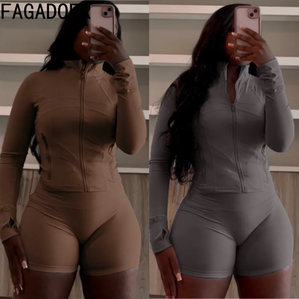 Fagadoer Sporty Bodycon Two -kus pre ženy s dlhým rukávom zips zips top + šortky obleky na streetwear odev 2025 nový