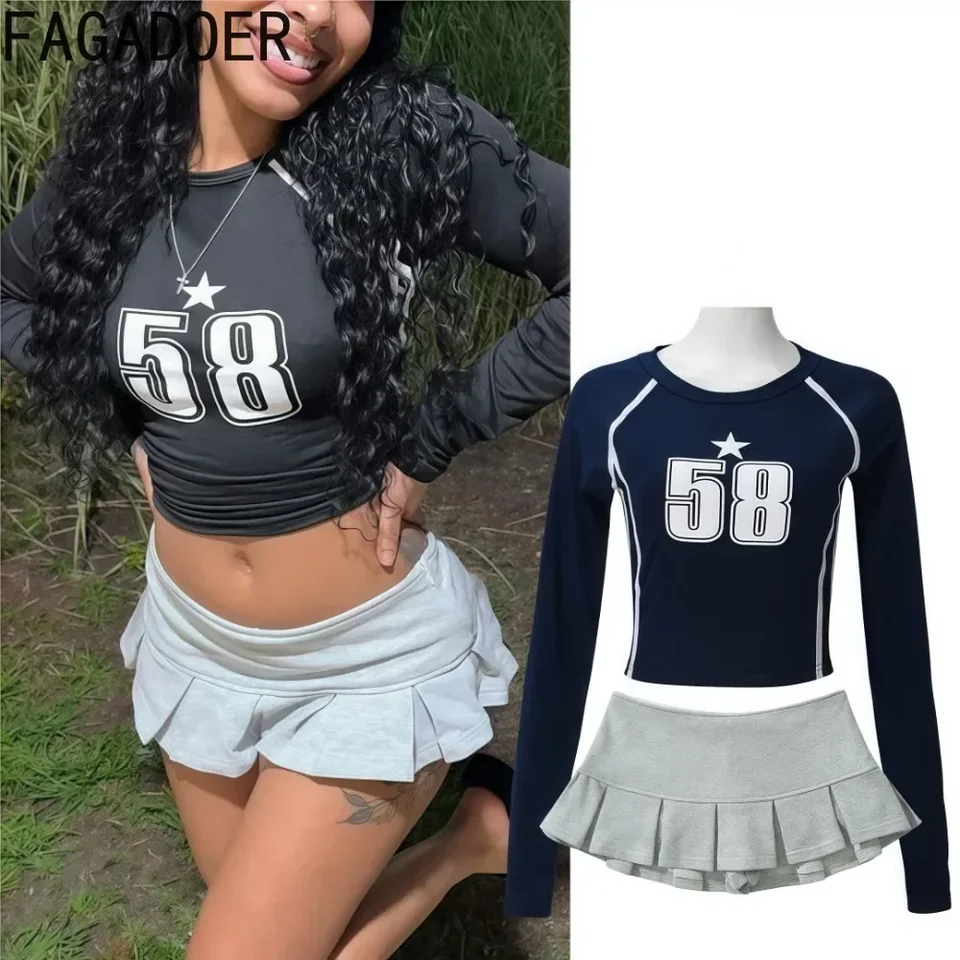 Fagadoer y2k Fashion Women Women 2 -Piece Set Outfit Letter Print Slim Crop Tops a skladané sukne obleky ženské streetwear 2025 Nové