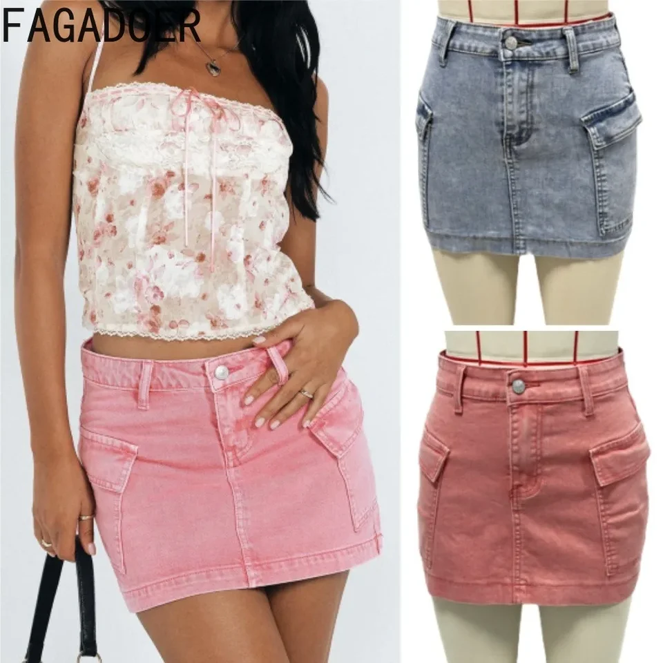 Fagadoer Y2K Streetwear Denim Denim Sukňa pre ženy ružové gombíky vreckové patchwork Bodycon Mini sukňa Hot Girl Basics Bodss 2025 Nové