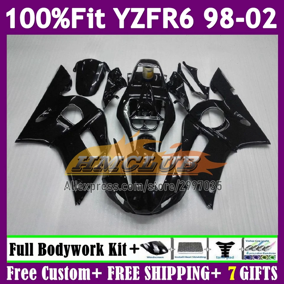 Fairing Kit pre Yamaha YZF R6 R6 YZF600 YZF-R6 128NO.24 YZFR6 98 99 00 01 02 YZF-600 GLOSSY BLACK 1998 1999 2000 2001 2002 Body