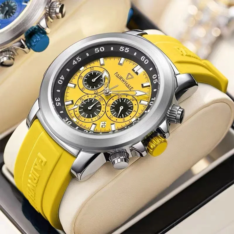 Fairwhale Watches for Men 5520 Módne žlté kremenné hodinky Sport Weproof Chronograph Calendar Pánske hodinky hodinky relogios maskulino