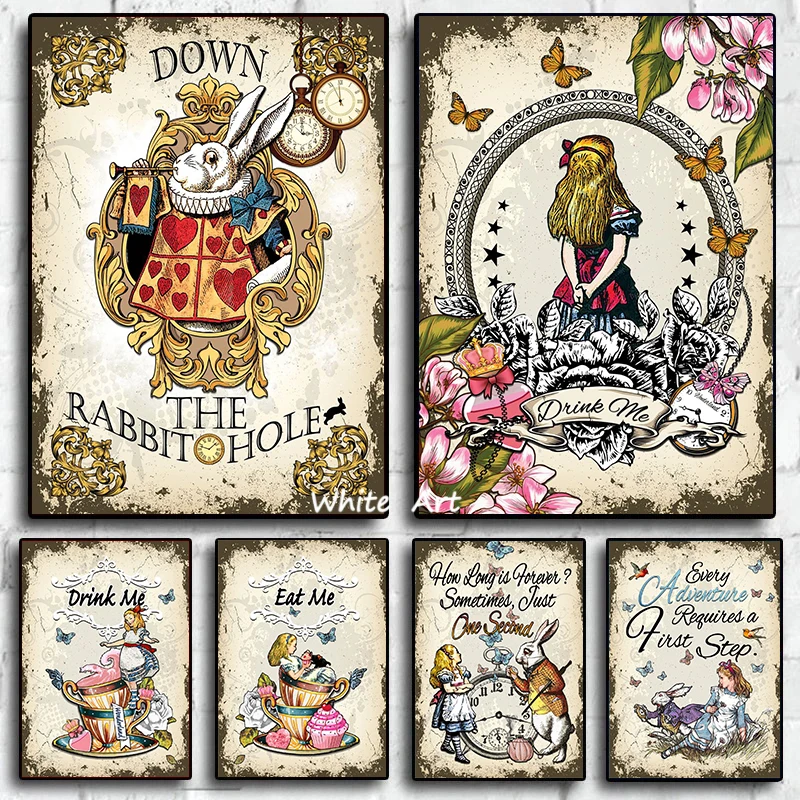 Fairy Book Alice v ríši divov plagátu Rabbit Vintage Canvas Painting HD Tlač nástenné umenie Obývacia izba Detská izba Výzdoba