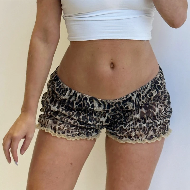 Fairy Coquette Leopard Print Ruffer Shorts 00s retro elastický pás krátky nohavice kawaii čipk