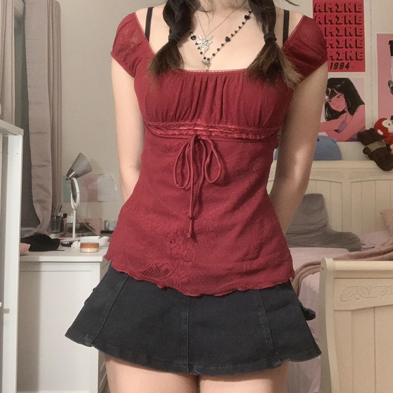 Fairy Lace tričko pre ženy estetický štvorcový krk s krátkym rukávom grunge plodiny vrcholy 90. rokov e-dievča Harajuku Patchwork Tričká