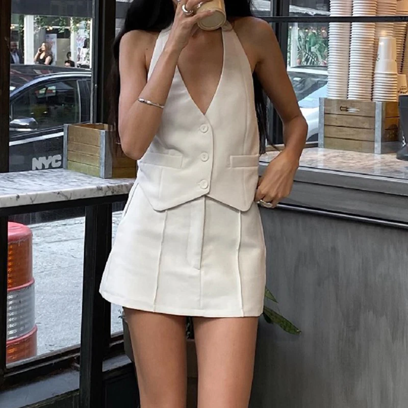 Fairycore Buttom Up Up Backless Halter Crop Tops +Mini sukňa zodpovedajúci oblečenie Hotsweet 2 -Piece Set Set Streetwear