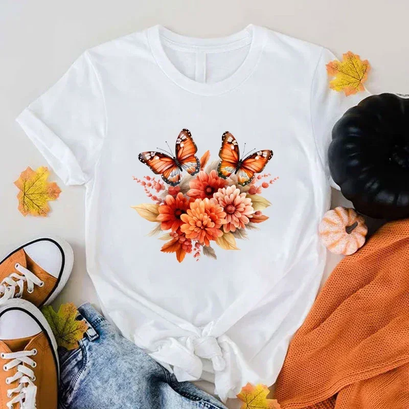 Fall Flowers Butterfly Print Tirt Tshirt Letný módny ležérny neformálny rukáv okrúhly krk Topy Dámske/pánske tričká prémiové tričko