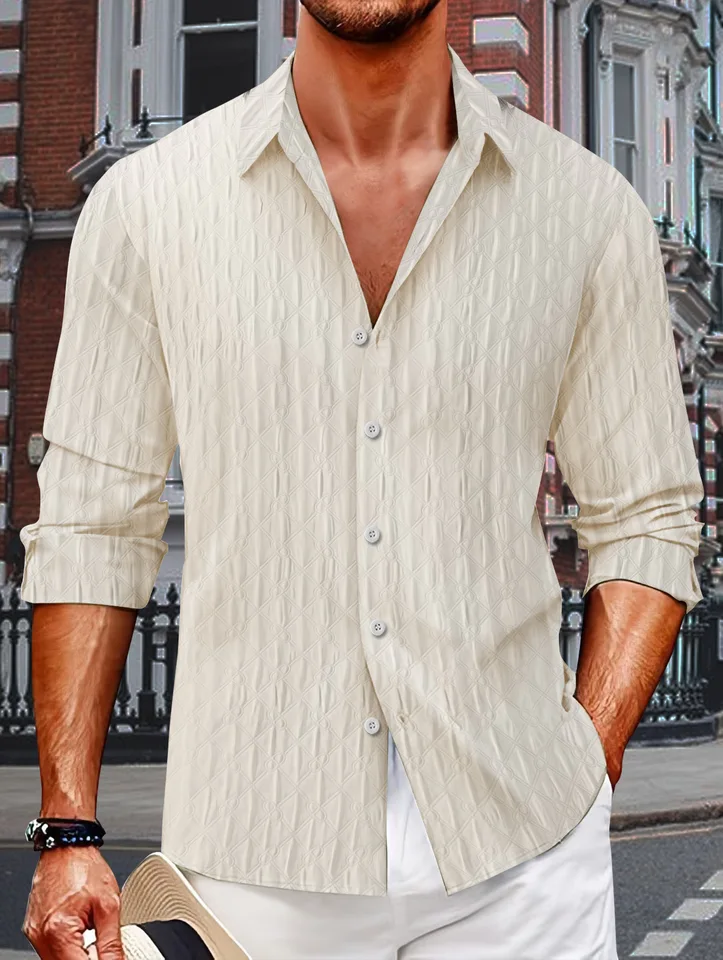 Fall Men's British Casual Fashion Jacquard Check Lafe Button Style Slim-Fit Slim-Fit s dlhým rukávom na ulici Wear Wear