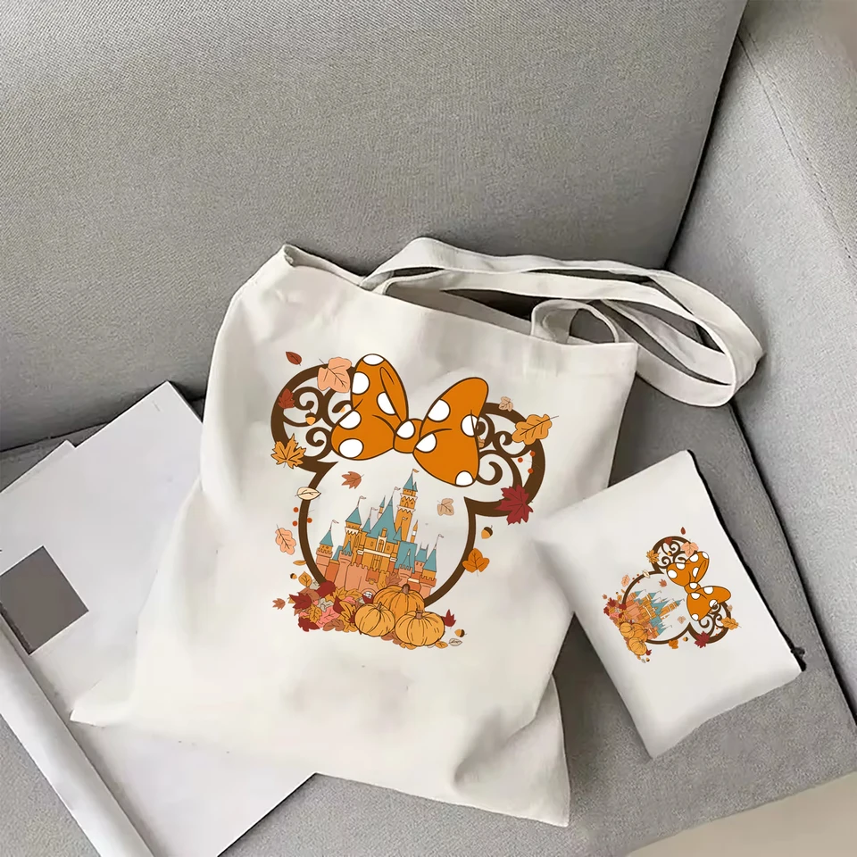 Fall Minnie Ear Graphic Tote Bag Fall Halloween Shopping Bag Disneyland Tote Bag Halloween Candy Storage Bag Mickey Autum Tote