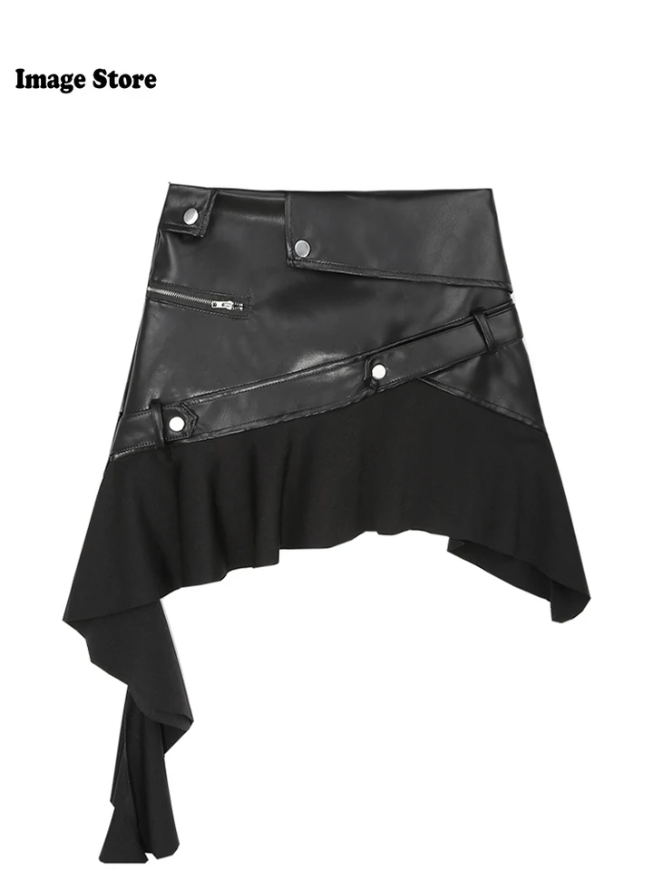 Fall Women Grunge Design Mini A-Line Pu faux kožená sukňa 2000 Estetická patchwork Kórejský harajuku gyaru y2k temná akademickejia