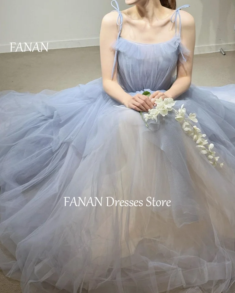 Fanan A-line špagety popruhy večerné párty šaty Sky Blue Tulle Kórea odstupňovaná svadobné ženy župany podujatia Prom šaty prispôsobené