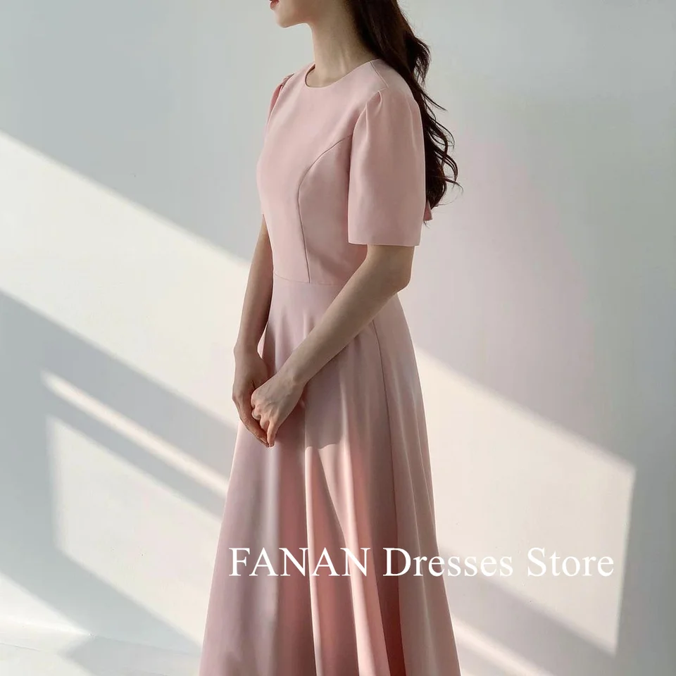 Fanan O-Neck A-Line krátke rukávy Satin Večerné večierky Šaty Kórea Elegantné ružové svadobné ženy Formálne šaty podujatia Prom šaty