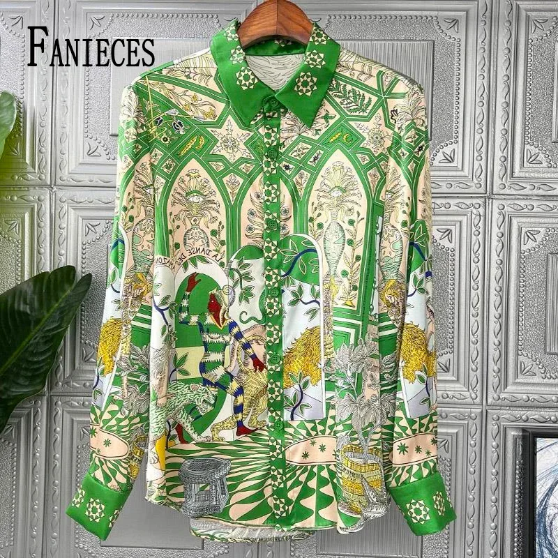 Fanceces zelená dámska košeľa hodvábna blúzka Cardigan Top Spring Jeseň s dlhým rukávom 3xl plus veľkosť vintage košeľa chemize et blouses
