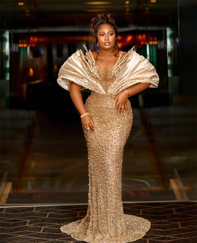 Fancy ASO EBI Champagne Evening Dayses Pearls Korálková morská panna plus luxusná šaty Žena 2025 Robes de Soirée Prispôsobené