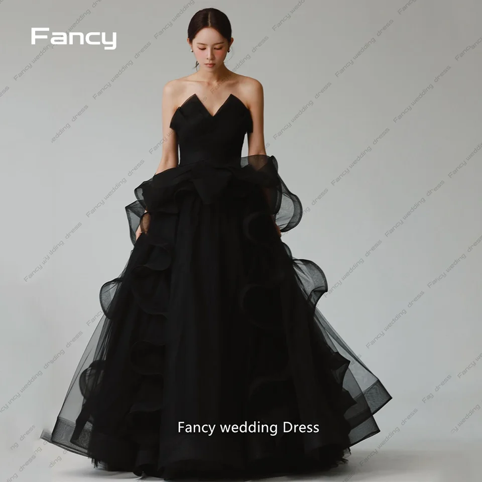 Fancy Corea V krk snubné šaty bez rukávov bez rukávov Čierne svadobné šaty bez rukávov dĺžky dĺžky večerné šaty prispôsobené