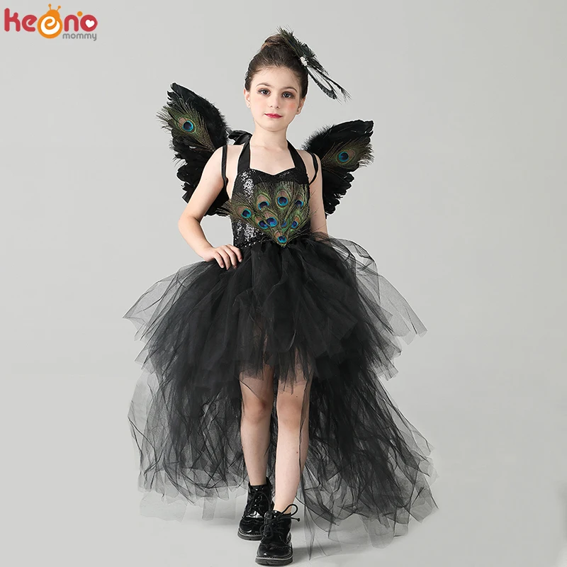 Fancy Peacock Feather Girl sprievod tutu šaty s krídlami deti Deluxe Peacock Tutu kostýmové šaty večerné večierky Halloween oblečenie