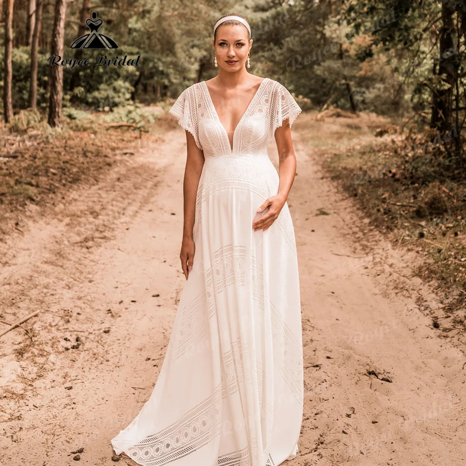 Fancy Plunging V krk čipka boho tehotné materské ženy svadobné šaty pre nevestu 2025 Svadobné šaty prispôsobené rúcho de mariage