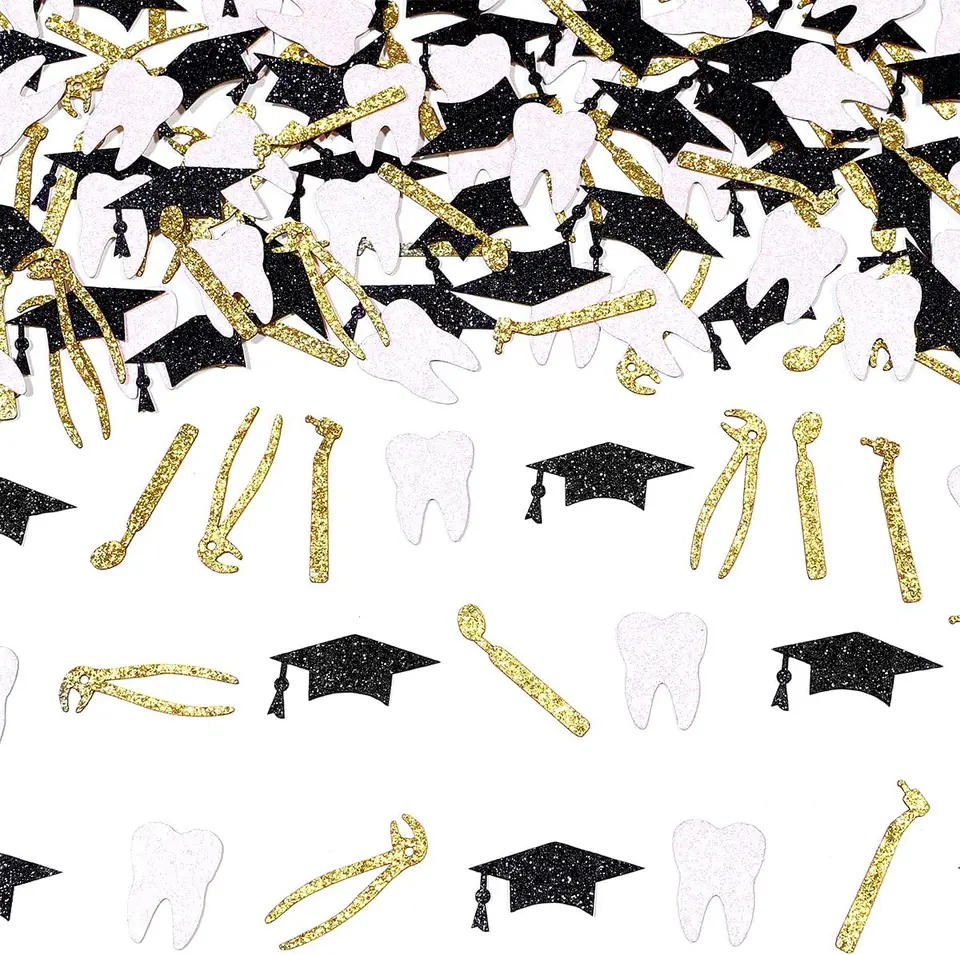 Fangleland 200ks zubné promócie Dentist Party Decoration Table Confetti Black Gold RDH Dentálna škola promócie Dodávky večierkov