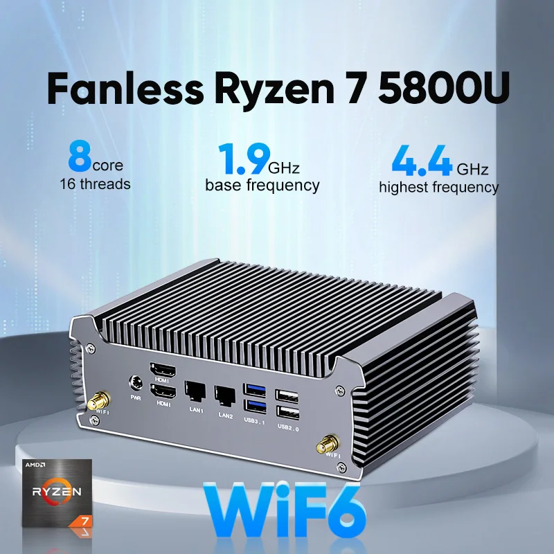 Fanless AMD Mini PC Fu02 Ryzen 7 5800U 7730U Gaming Mini počítač Windows 11 Dual LAN Firewall Router 2*HDMI2.0 NVME DDR4 WIFI6
