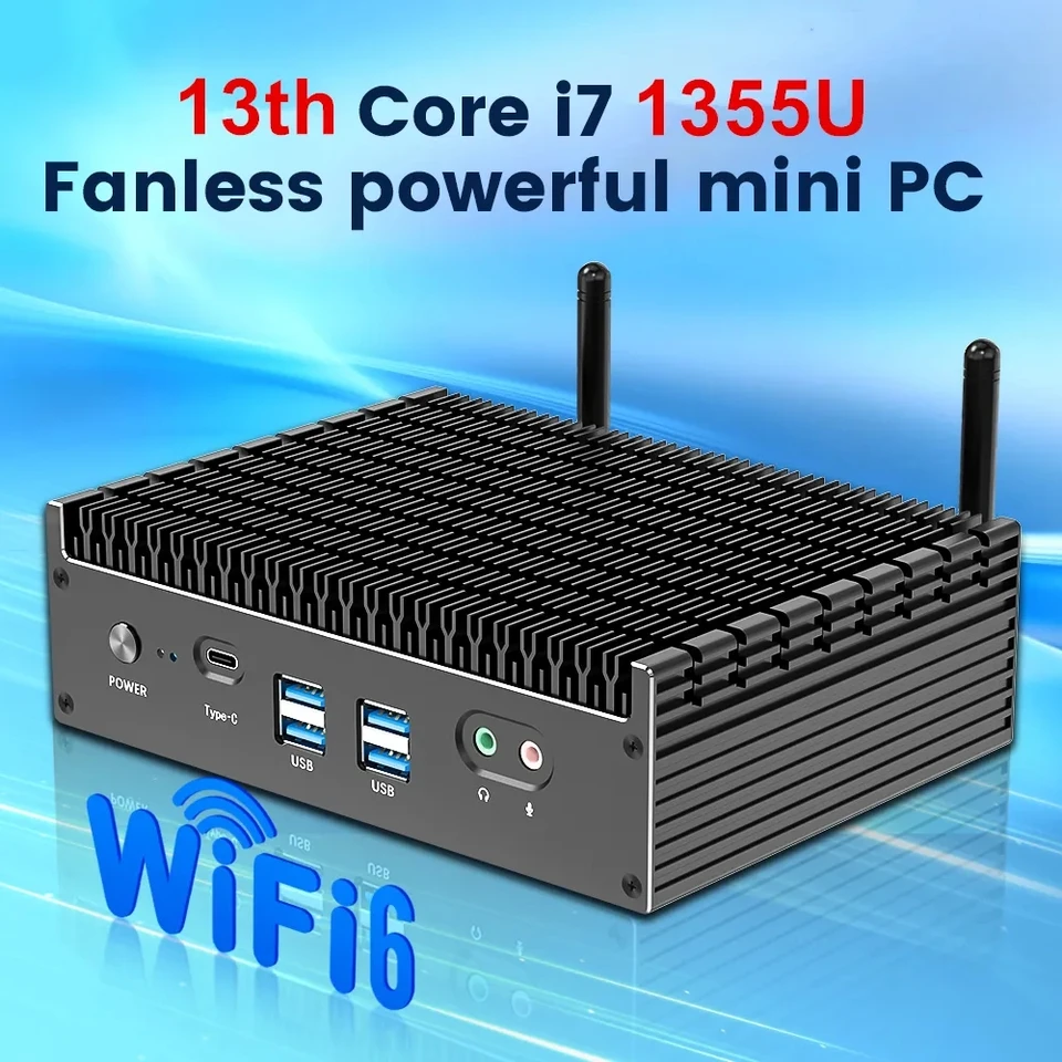 Fanless Intel Mini PC 13. Gen i7 1355U I5 1335U 2*2,5G LAN PCIE4.0 DDR4 TUND4 TUND4 4 EGPU Desktop PC PC Gamer Mini Computer WiFi6