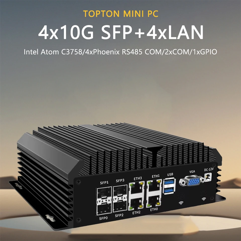 Fanless Mini Industrial PC Desktop Computer Atom C3758 4x10G SFP+ 4*LANS 4X Phoenix RS485 COM 2XDB9 RS232/485 COM